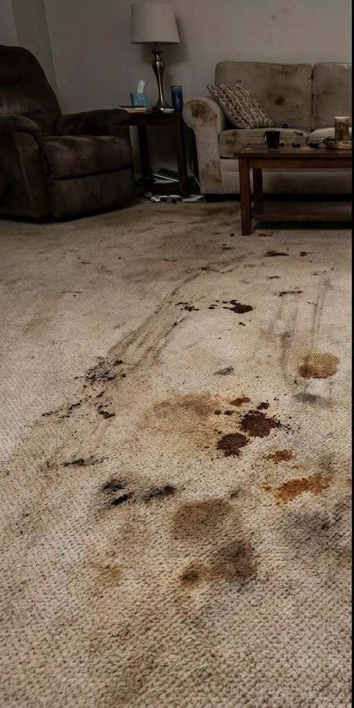 Heavily soiled living room carpet with tracked-in dirt and stains, before cleaning
